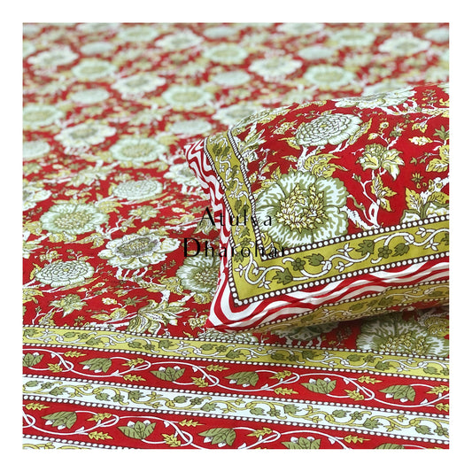 Red and Green Floral Jaal Bedsheet