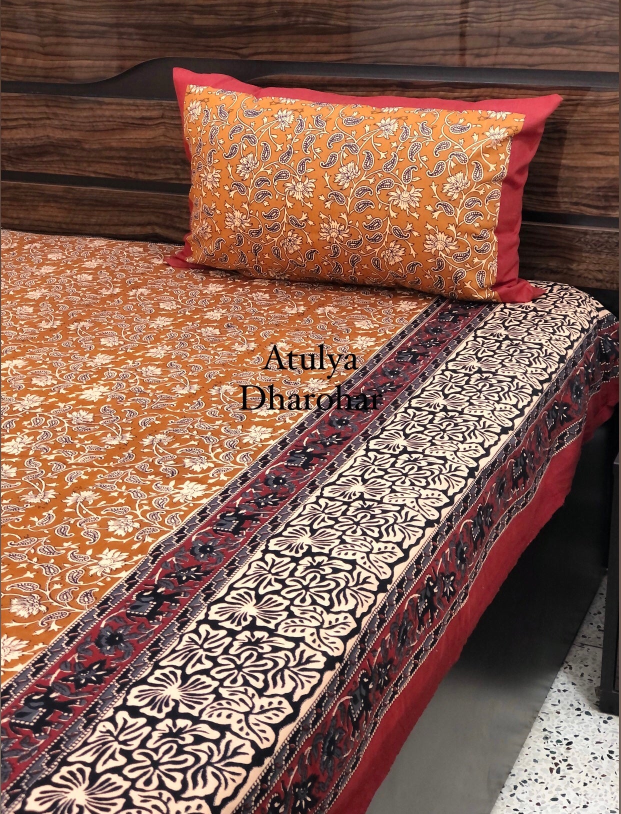 Mustard Kalamkari King Size Bedsheet