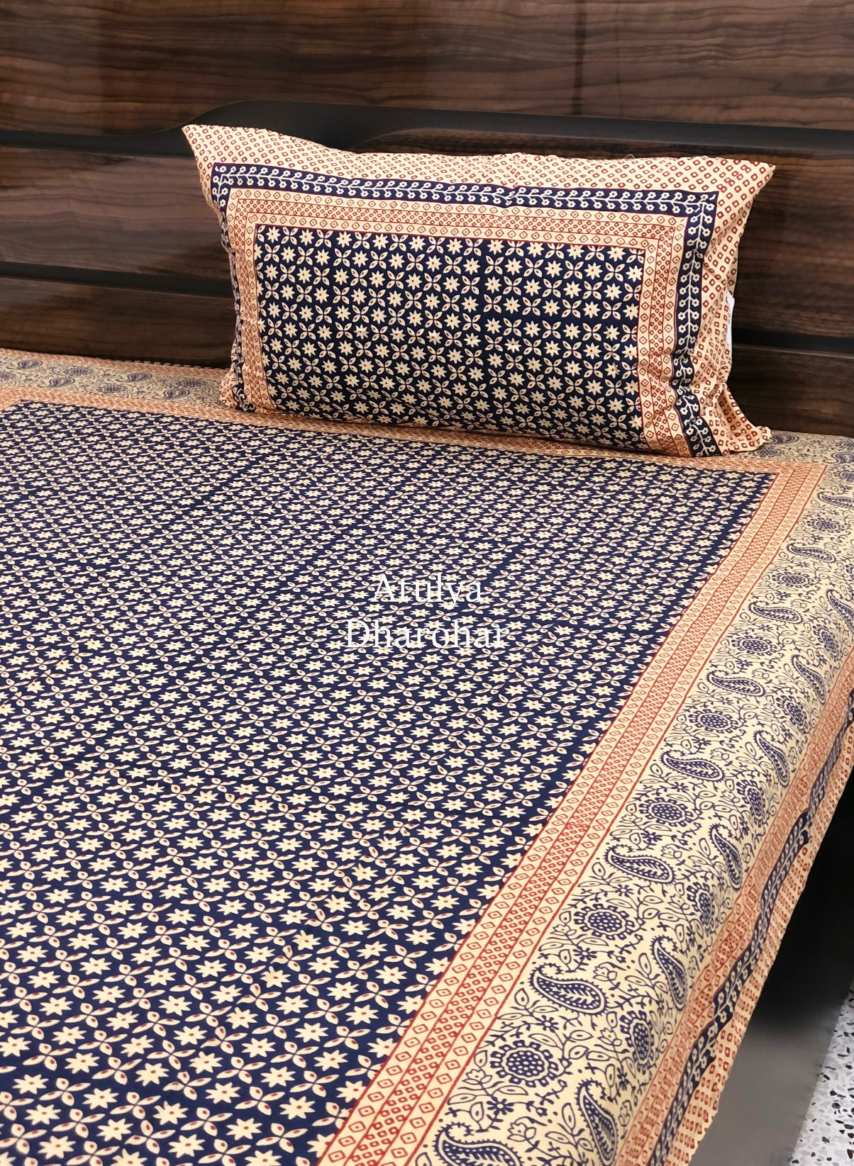 Indigo Kalamkari Single Cotton Bedsheet