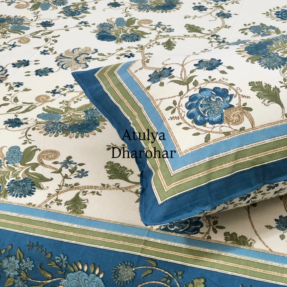 Blue and Green Floral Jaal Cotton Super King Bedsheet