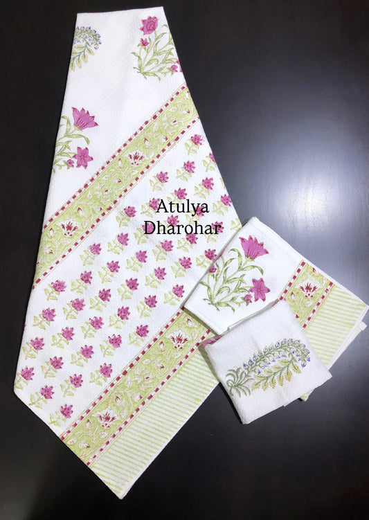 Pink and Blue Floral Motifs Hand Block Waffle Cotton Towel Set