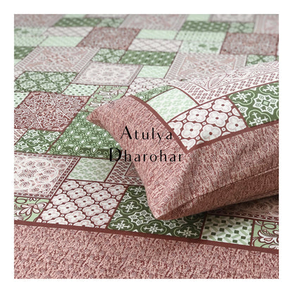 Pink and Green Patchwork Looking Bedsheet
