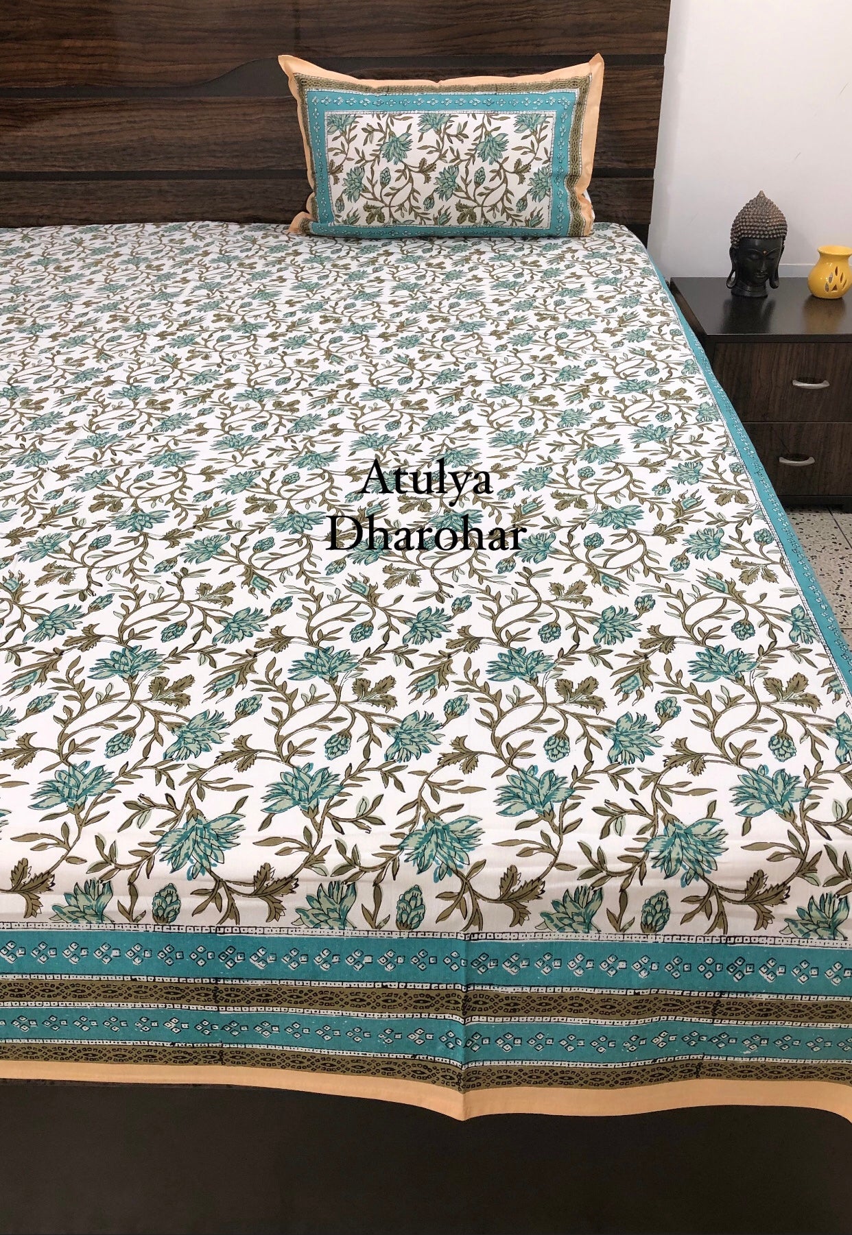 Turquoise Green and Brown Floral Jaal Bedsheet