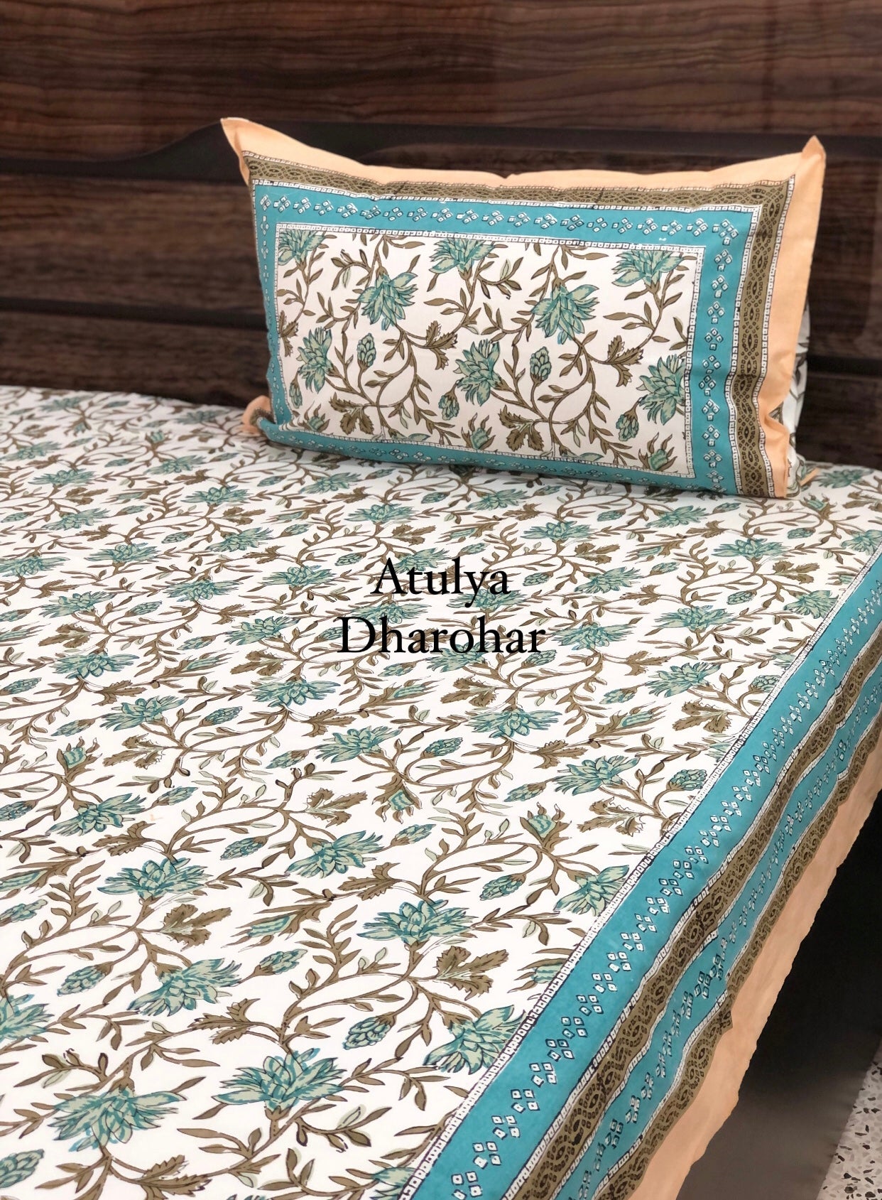 Turquoise Green and Brown Floral Jaal Bedsheet