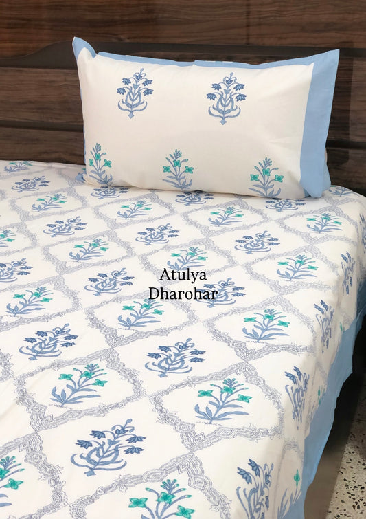 Blue Floral Mughal Jaal Super King Cotton Bedsheet