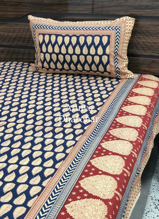 Indigo and Red Kalamkari King Size Cotton Bedsheet