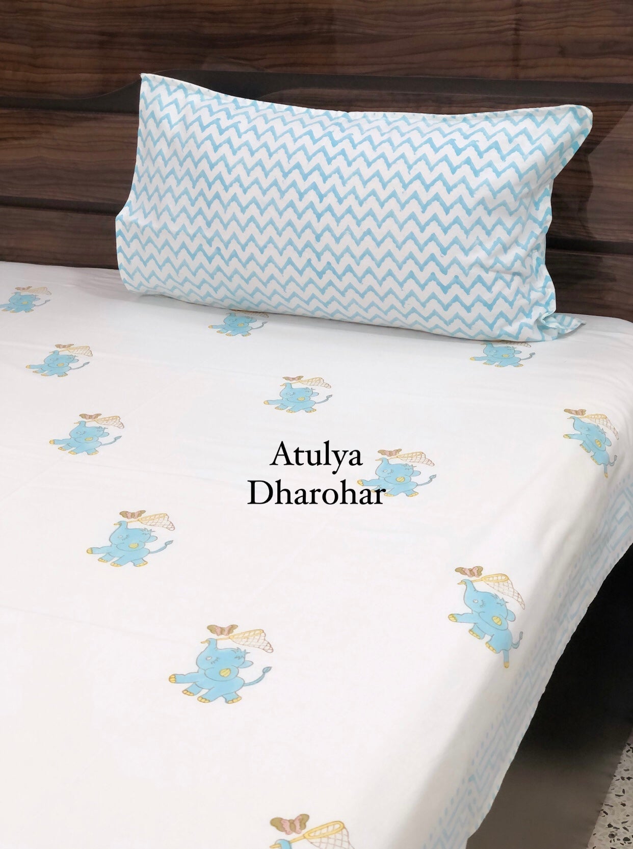 Elephant with Butterfly Kids Hand Block Printed Single Bedsheet