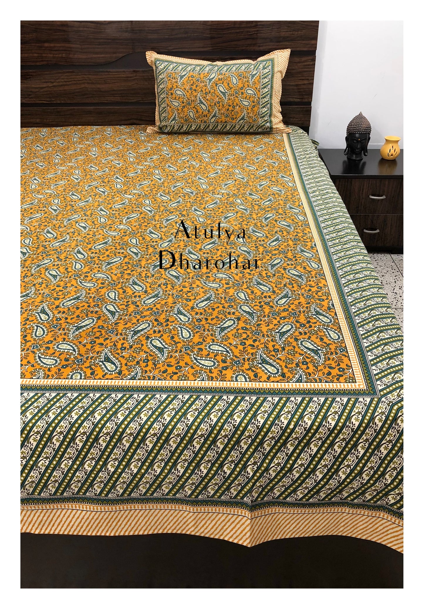 Mustard Floral Jaal King Size Bedsheet