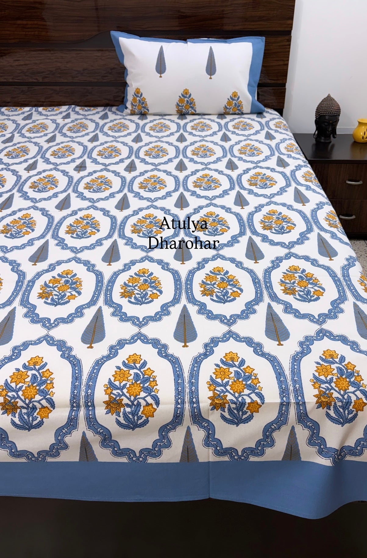 Blue and Yellow Floral Mughal Jaal Cotton Super King Bedsheet