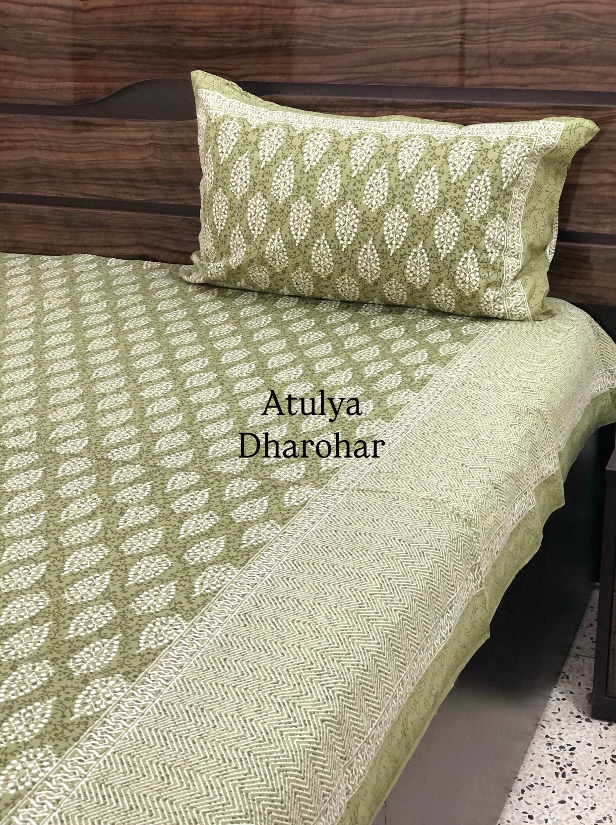 Green Butti Cotton King Size Bedsheet
