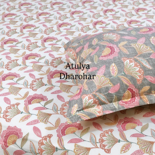 Pink Floral Jaal Cotton King Size Bedsheet