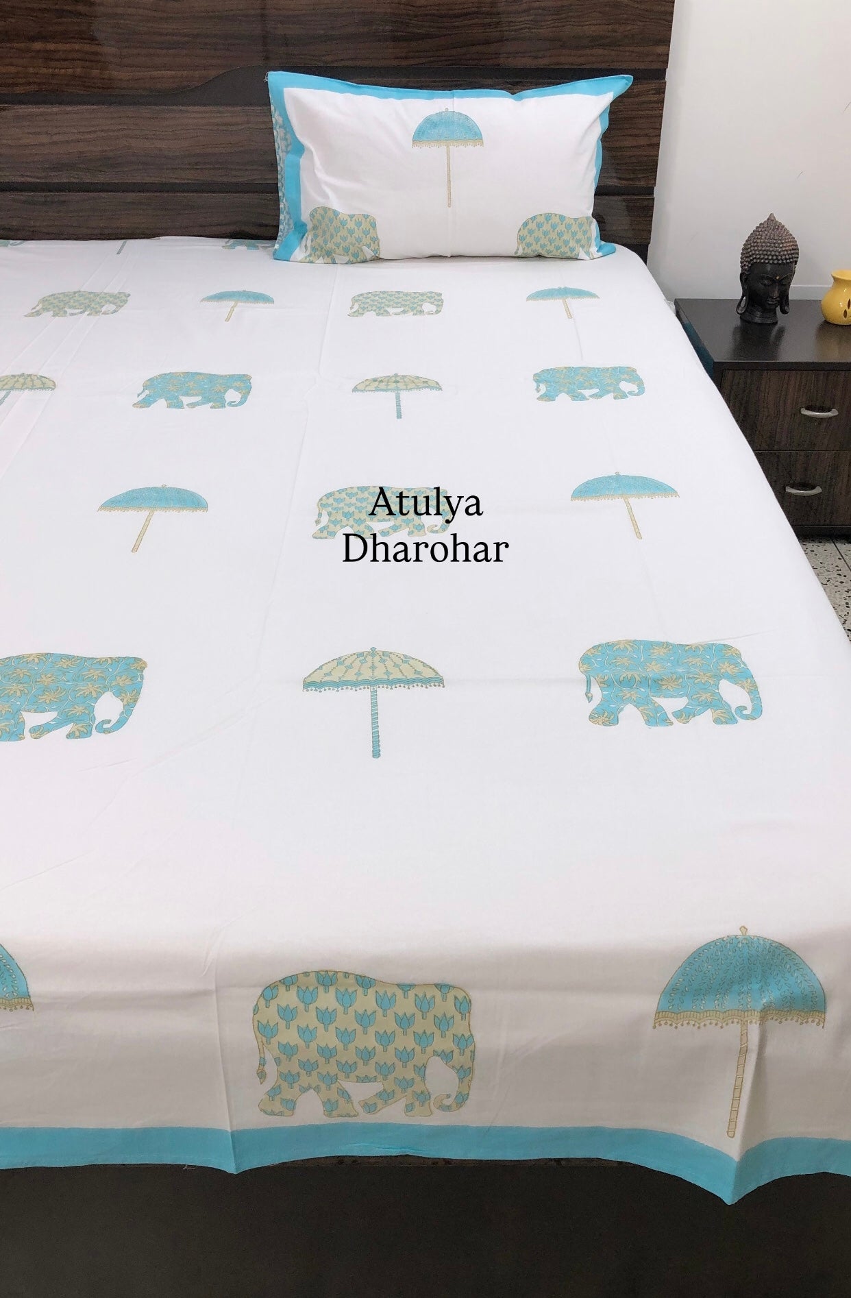 Elephant and Umbrella Motifs Cotton Hand Block Super King Bedsheet
