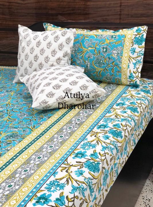 Blue Floral Jaal Cotton King Size Bedsheet