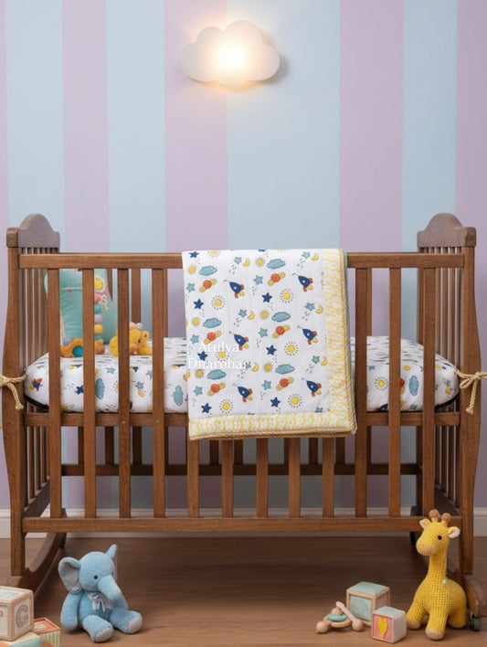Multicolour Rocket and Galaxy Hand Block Printed Mulmul Baby Dohar