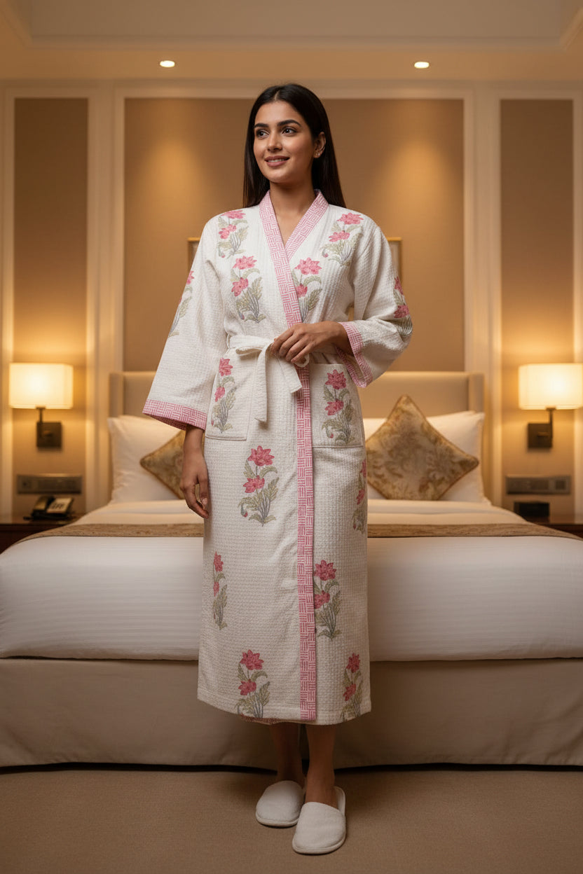 Pink Floral Hand Block Printed Waffle Cotton Bathrobe