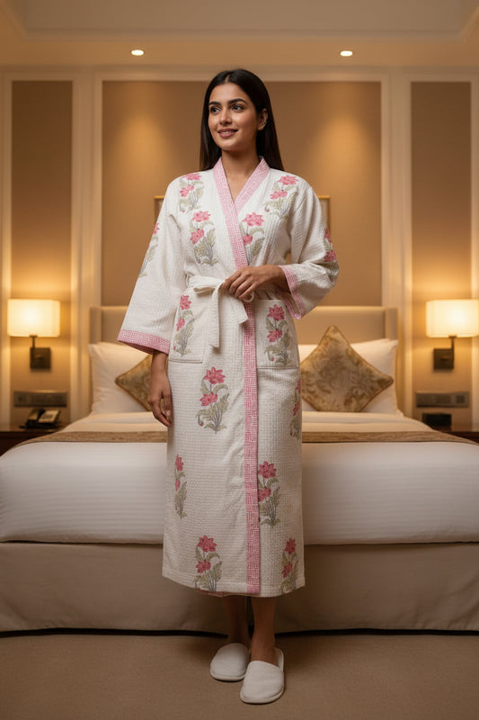 Pink Floral Hand Block Printed Waffle Cotton Bathrobe
