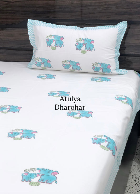 Mom and Baby Elephant Playing Kids Hand Block Printed Single Bedsheet