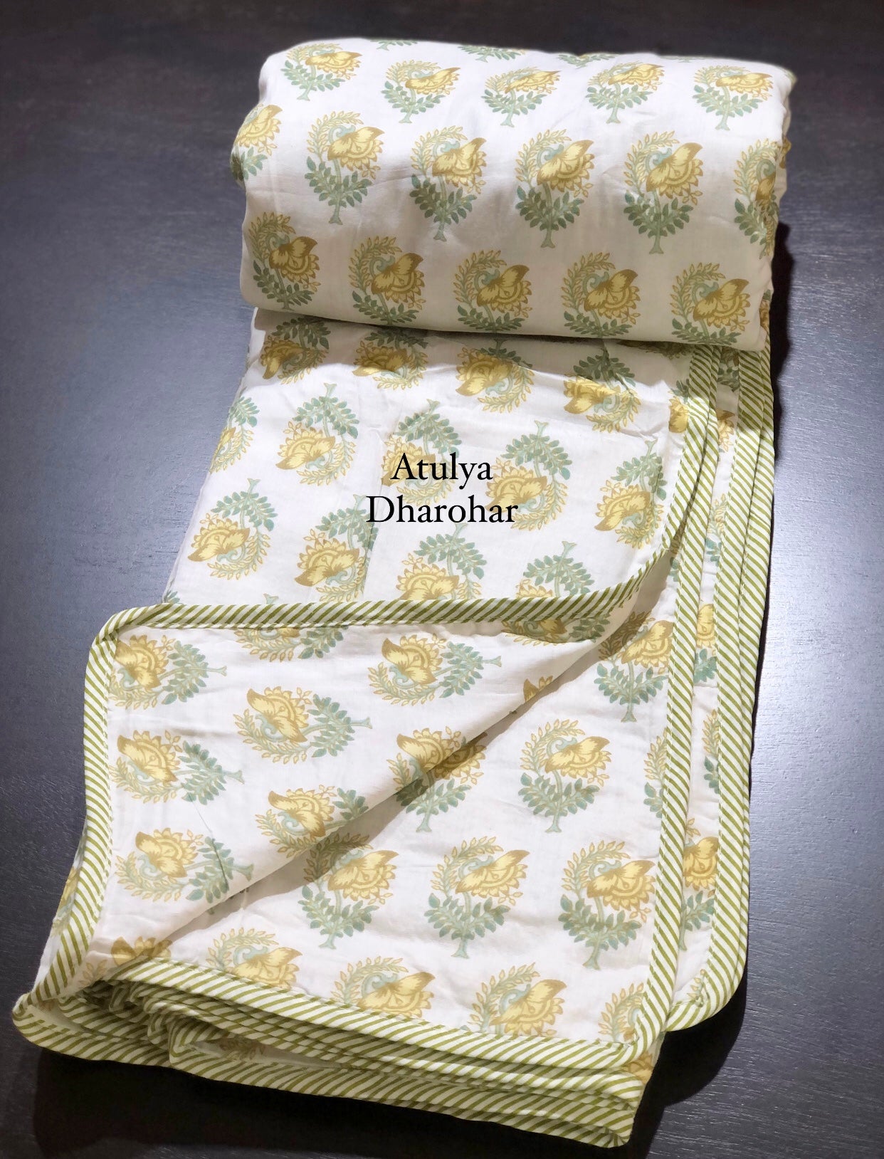 Yellow and Green Floral Motifs Mulmul Double Bed Dohar