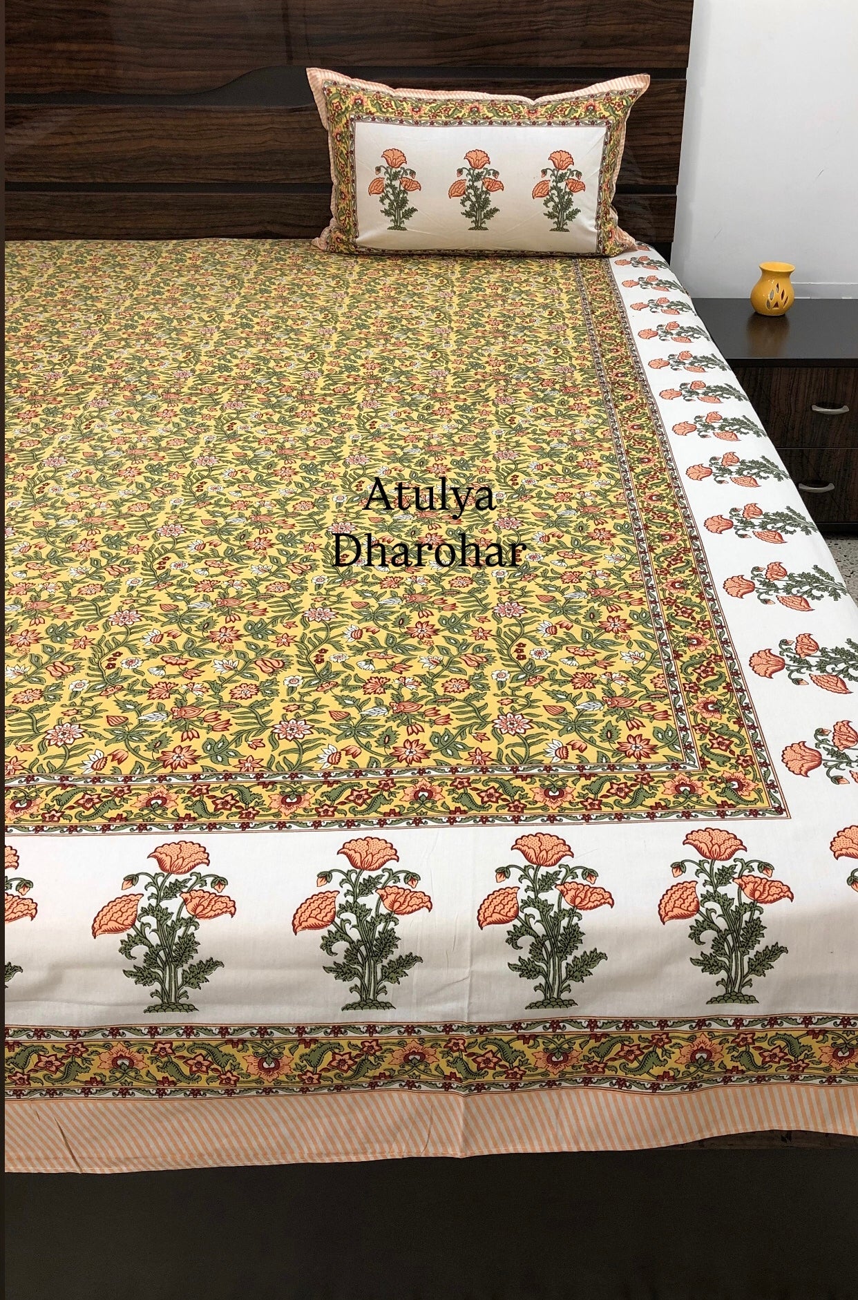 Yellow Floral Jaal Cotton King Size Bedsheet