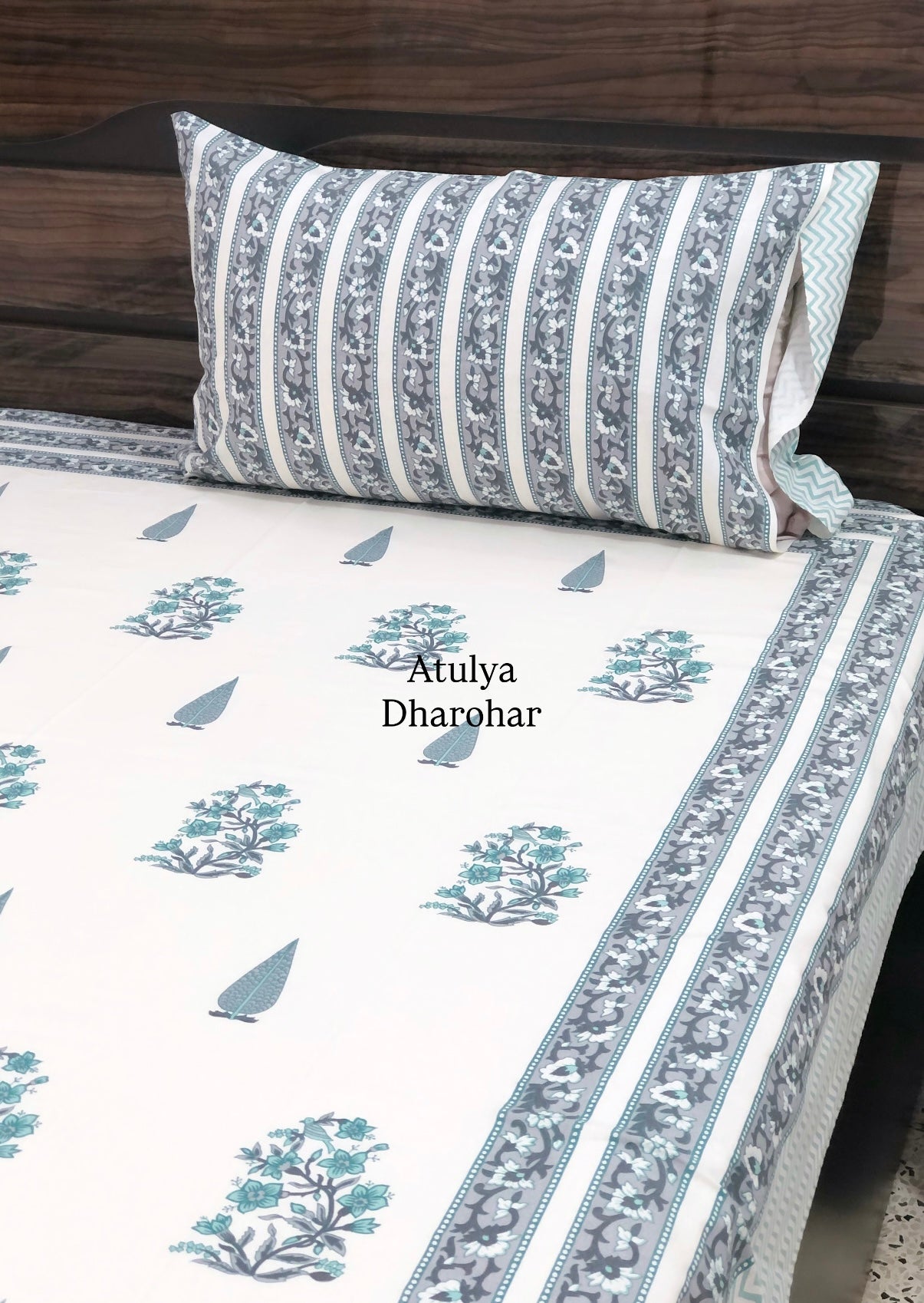 Teal and Grey Floral Motifs Cotton Single Bed Bedsheet