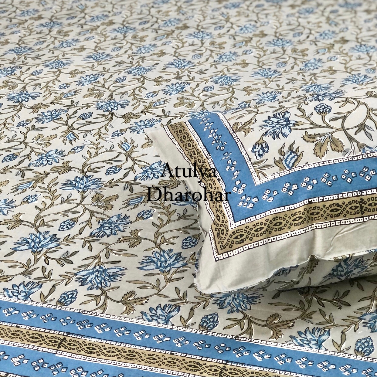 Blue and Grey Floral Jaal Bedsheet