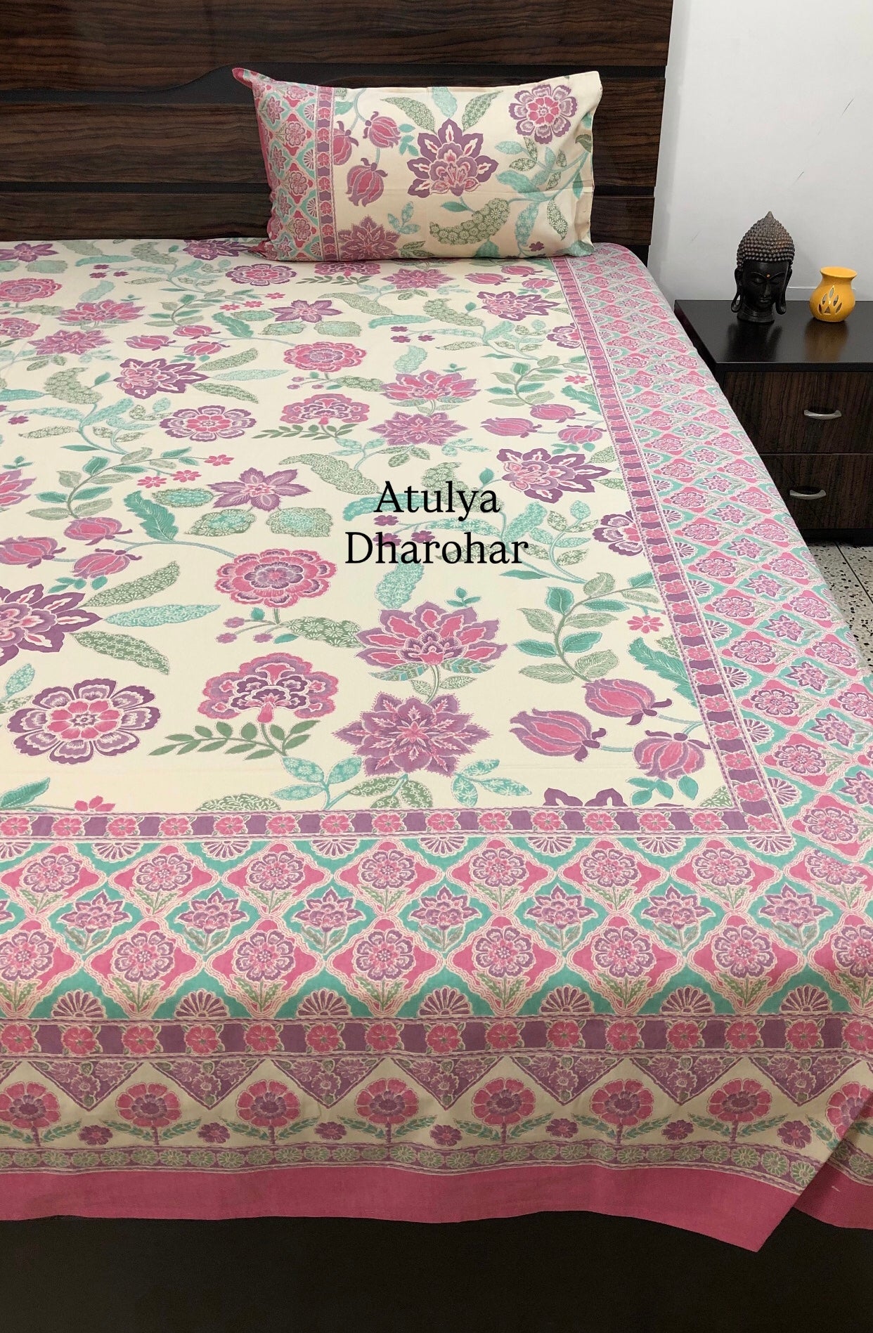 Purple Floral Cotton Super King Bedsheet
