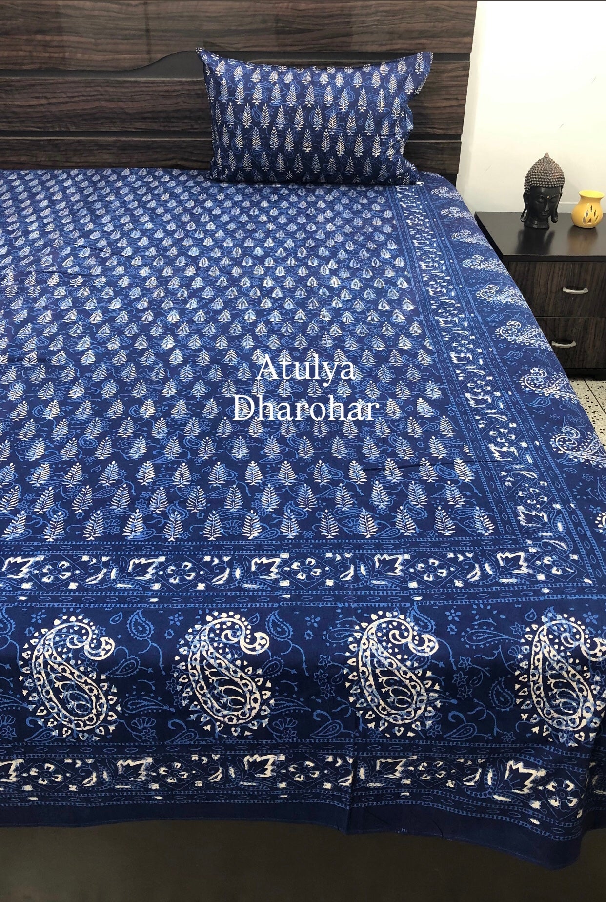Indigo Pine Tree with Paisley Motifs Hand Block Printed Super King Bedsheet