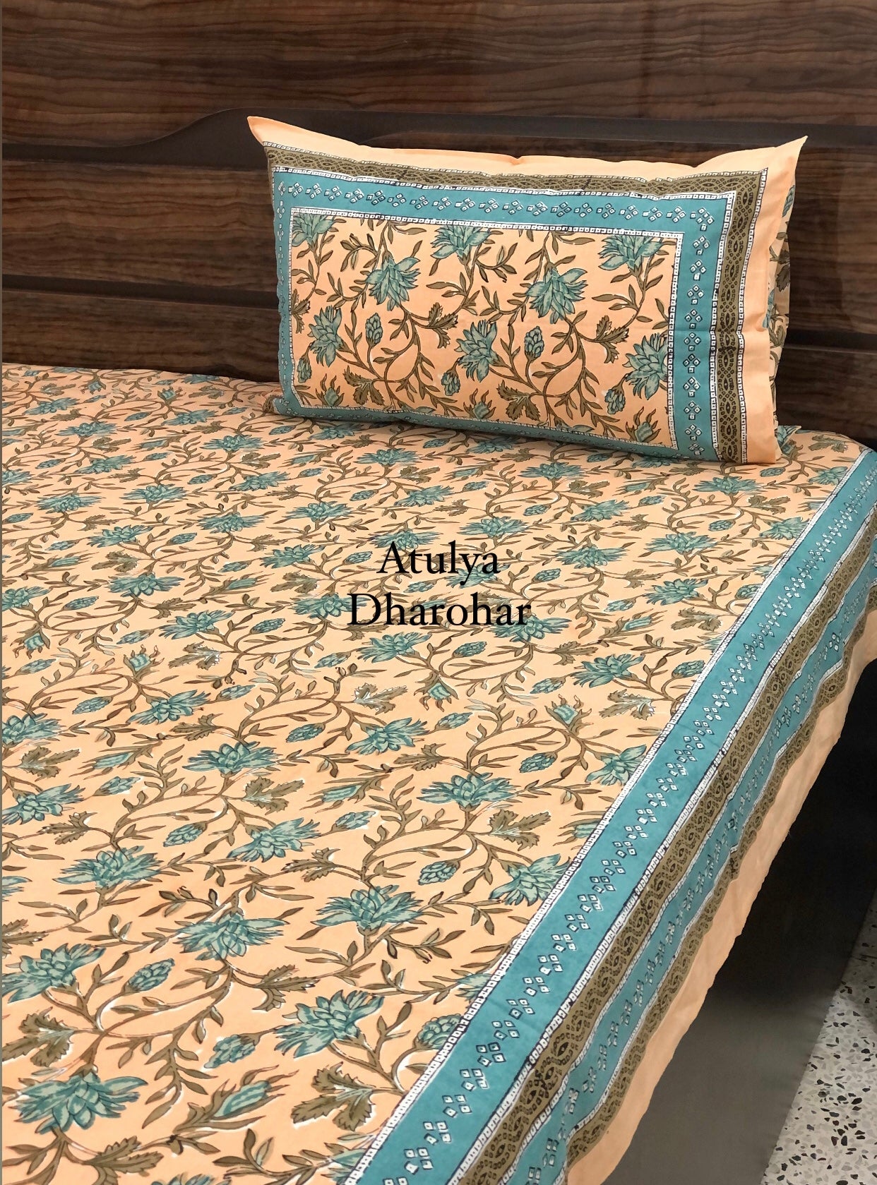 Turquoise Floral Jaal Bedsheet