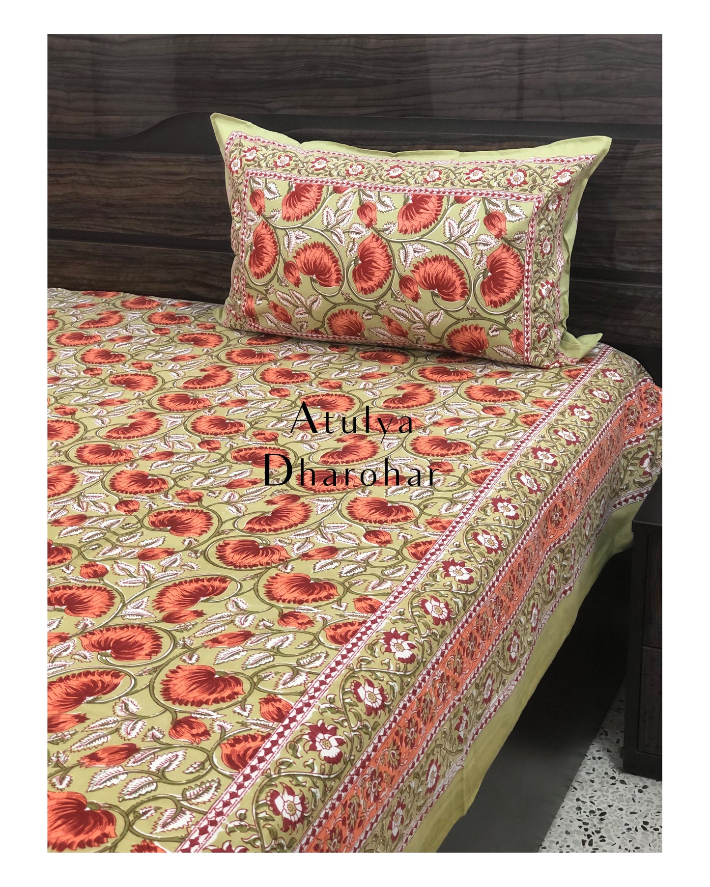 Green and Orange Lotus Motifs Bedsheet