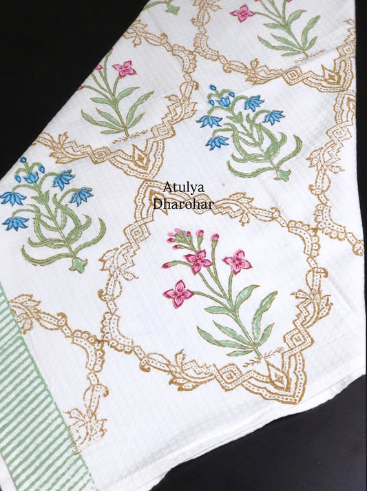 Blue and Pink Mughal Jaal Hand Block Printed Waffle Cotton Towel