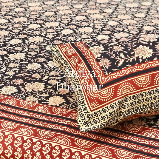 Black Kalamkari Cotton King Size Bedsheet