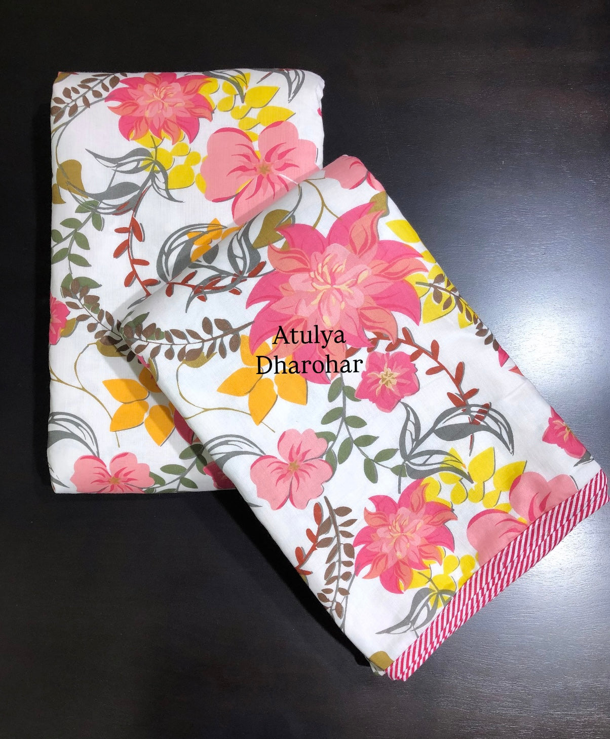 Pink and Yellow Floral Mulmul Single Dohar Pair