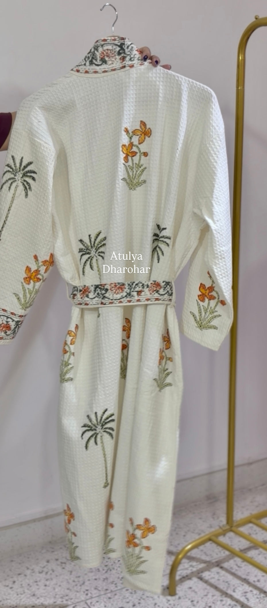 Orange Floral and Palm Tree Hand Block Printed Waffle Cotton Bathrobe