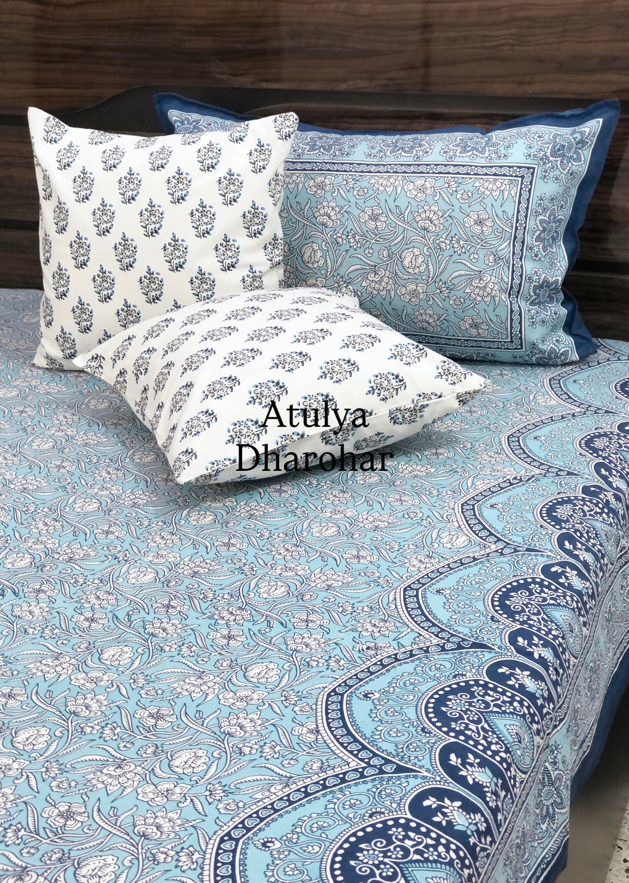 Blue Floral Jaal Cotton King Size Bedsheet