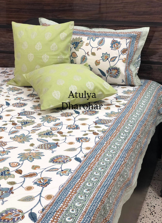 Blue Floral Jaal Cotton Super King Bedsheet