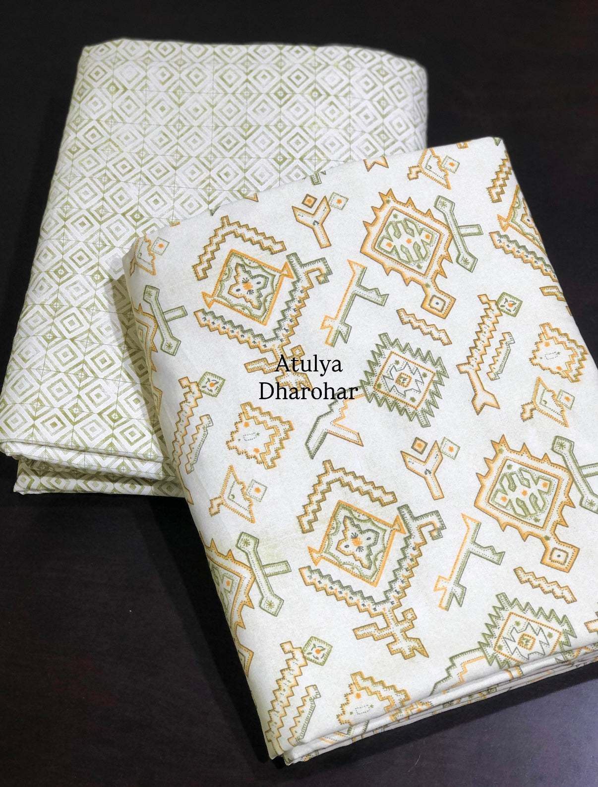 Yellow and Green Abstract Cambric Cotton Single Dohar Pair