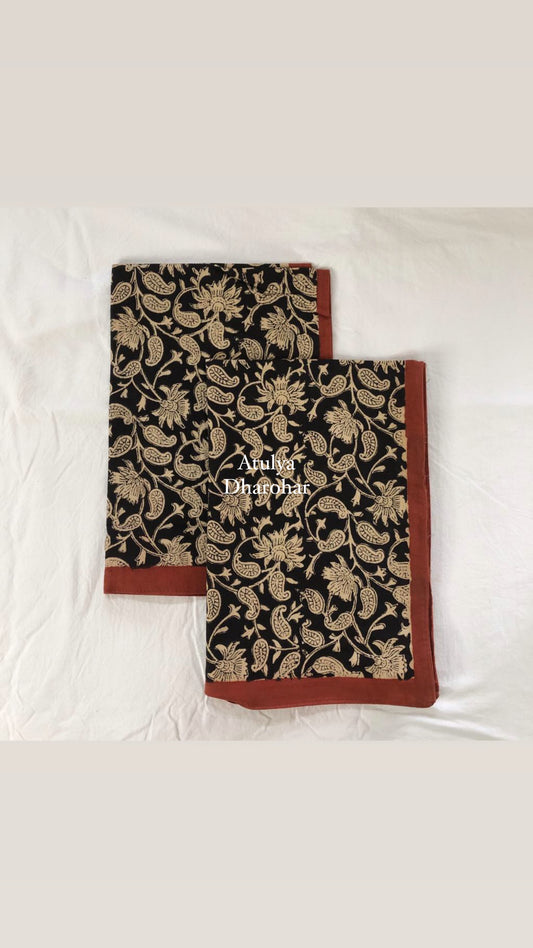 Black Kalamkari Hand Block Printed Pillow Covers