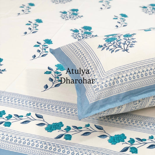 Blue Floral Motifs Cotton Super King Bedsheet