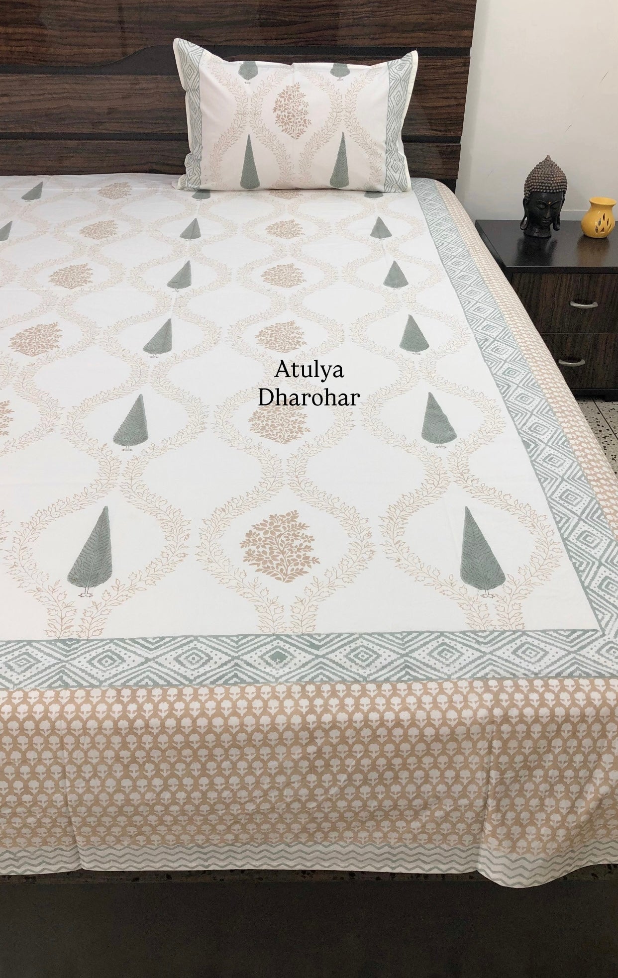 Golden Brown and Greenish Grey Mughal Jaal Percale Cotton Hand Block Super King Bedsheet