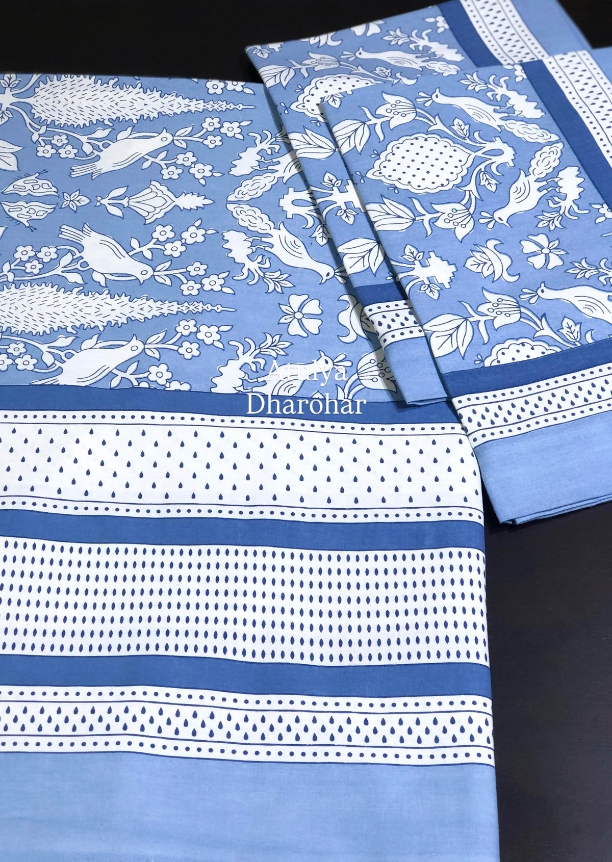 Blue Bird Motifs Cotton King Size Bedsheet