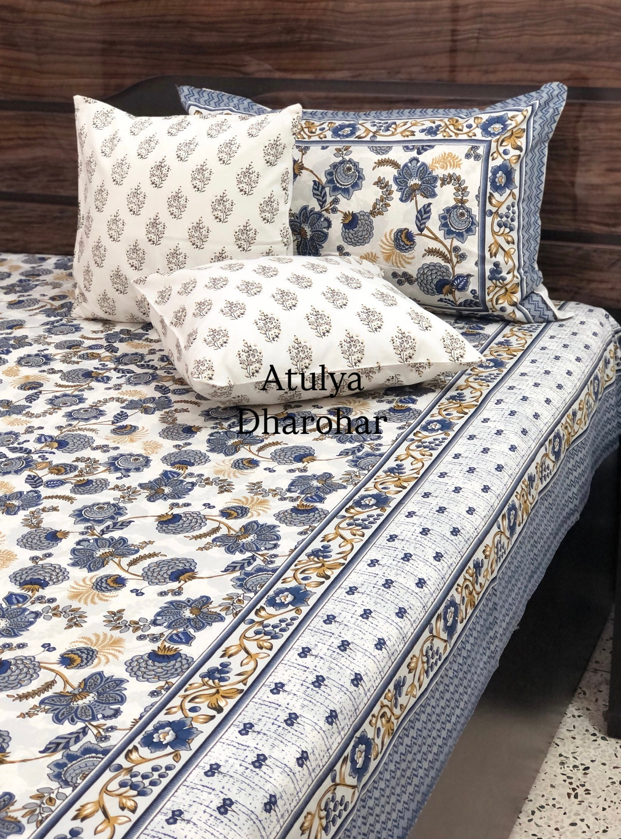 Blue and Brown Floral Jaal Cotton King Size Bedsheet