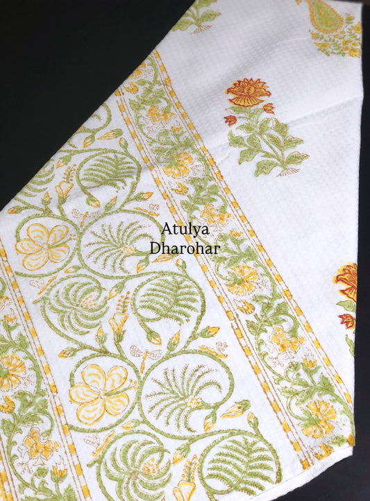 Yellow and Green Floral Motifs Hand Block Printed Waffle Cotton Towel