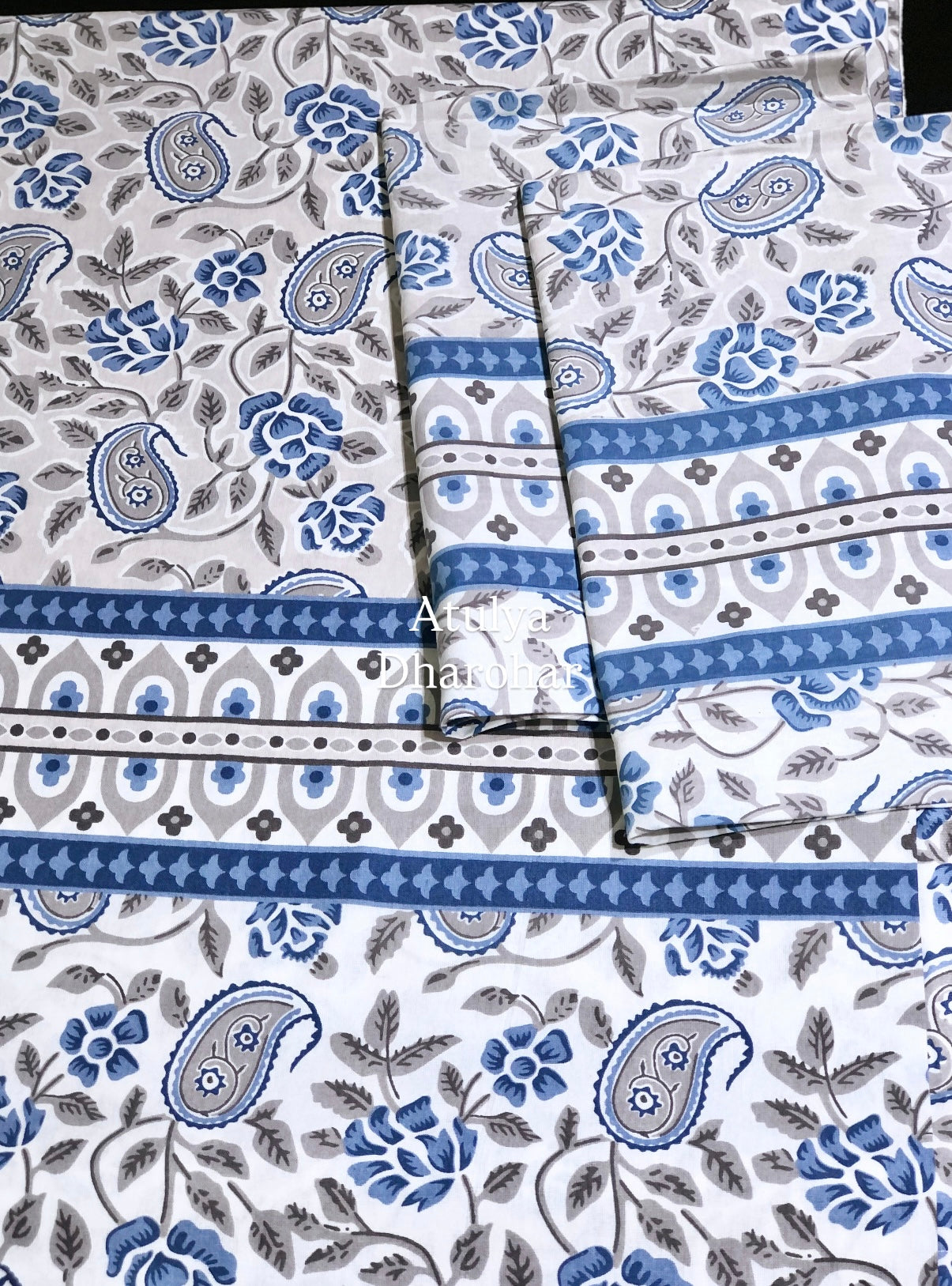 Grey and Blue Paisely Jaal Cotton King Size Bedsheet