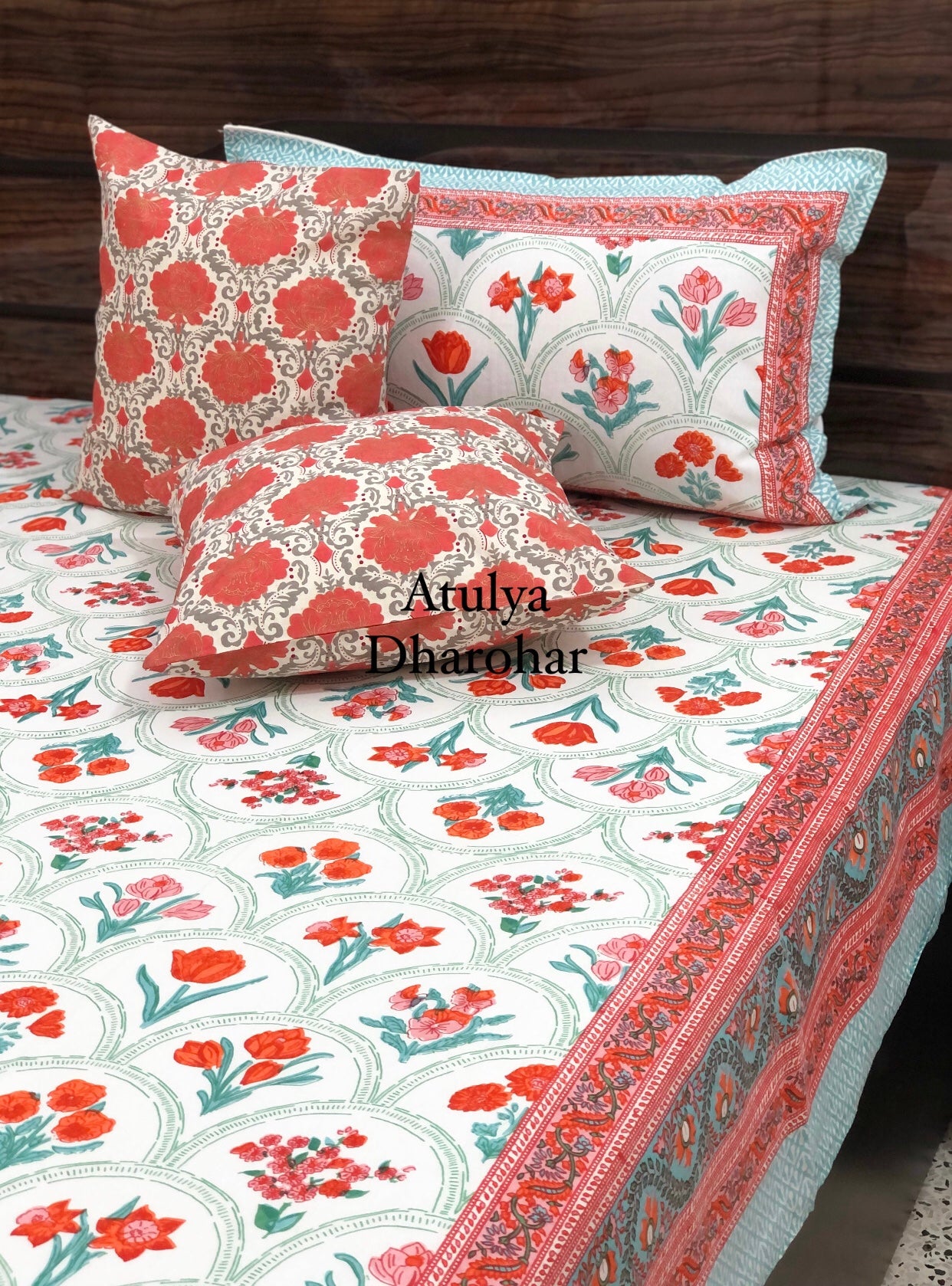 Orange & Pink Tulip Floral Motifs Cotton Bedsheet