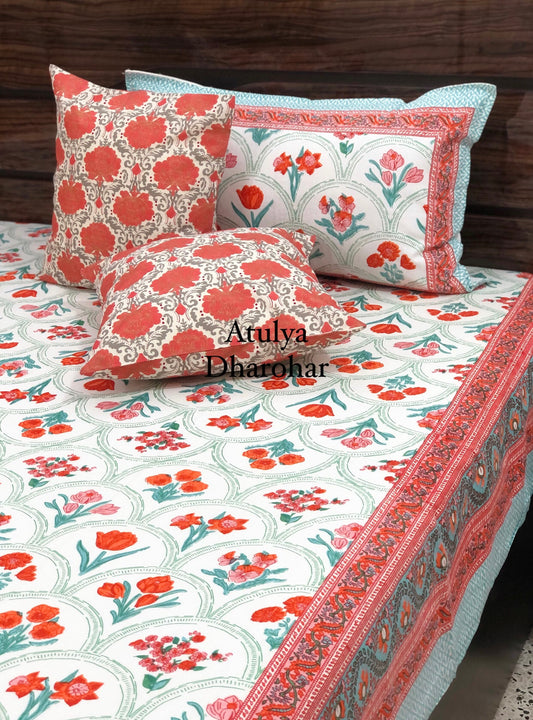 Orange & Pink Tulip Floral Motifs Cotton Bedsheet