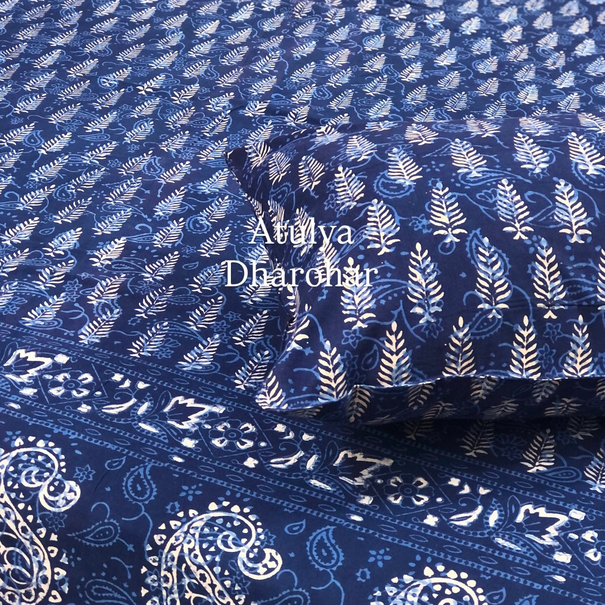 Indigo Pine Tree with Paisley Motifs Hand Block Printed Super King Bedsheet
