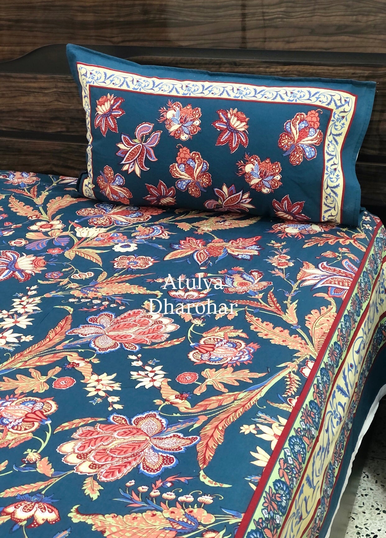 Navy Blue and Multicolour Floral Jaal Super King Cotton Bedsheet