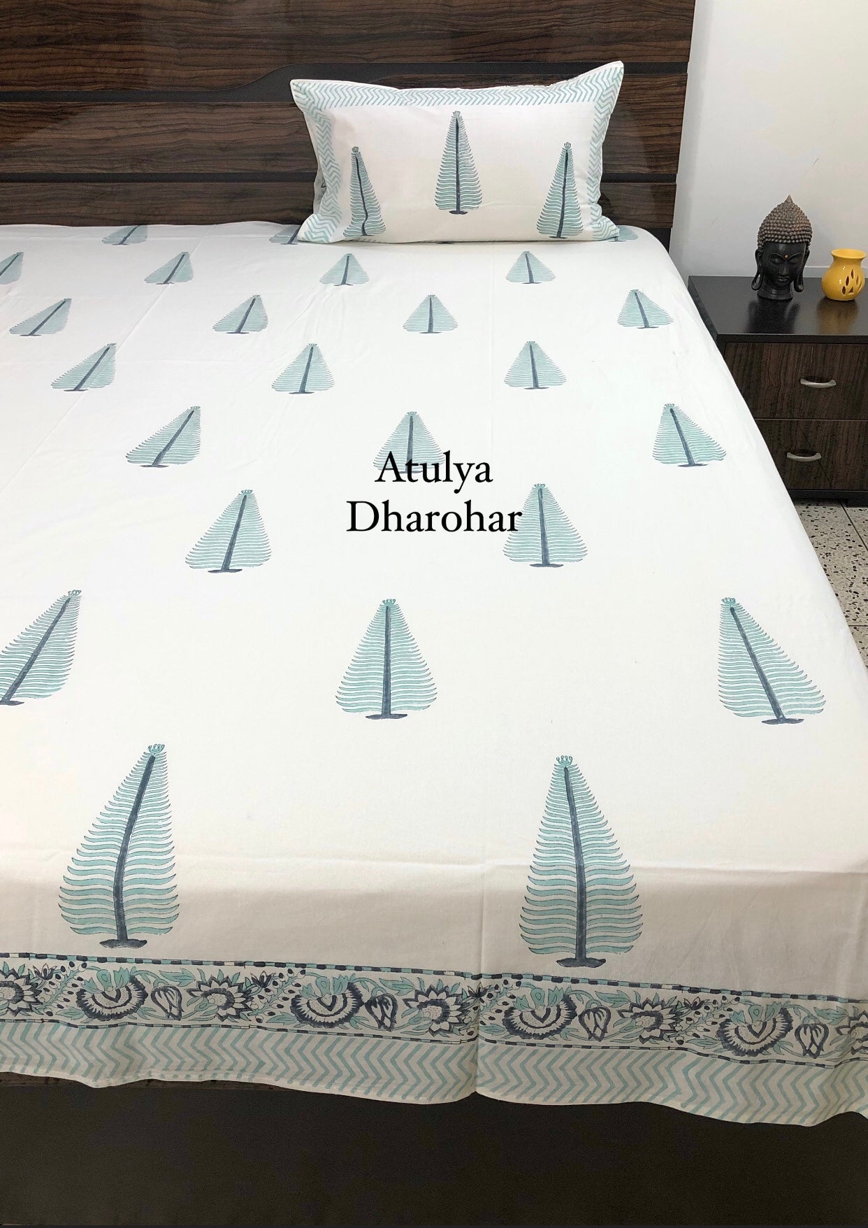 Turquoise Blue Pine Motifs Hand Block Printed Super King Bedsheet