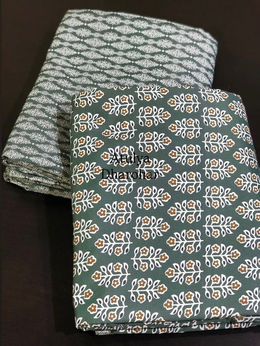 Green Floral Motifs Cambric Cotton Single Dohar Pair