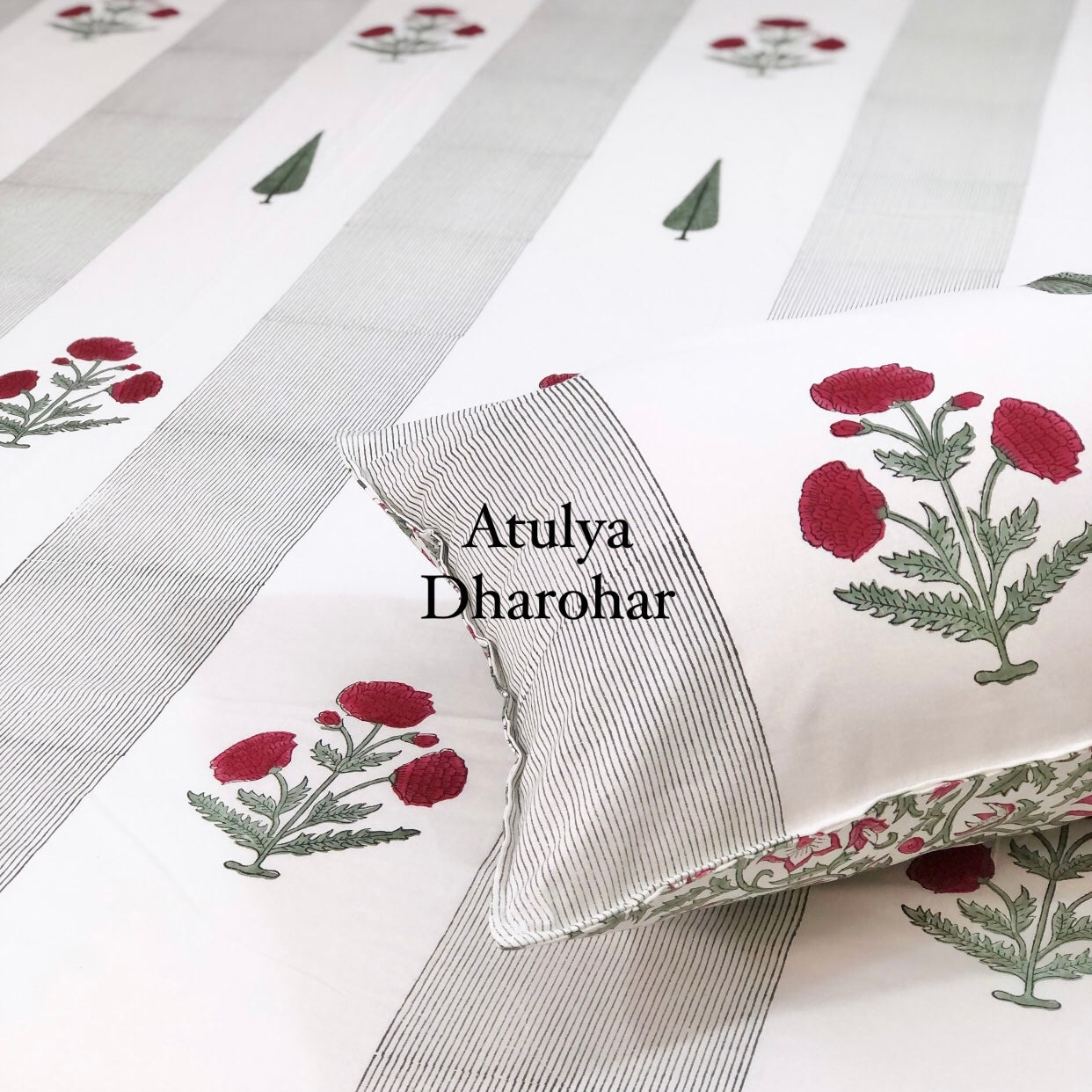 Pinkish Red Marigold with Pine Tree Motifs Hand Block Printed Super King Bedsheet